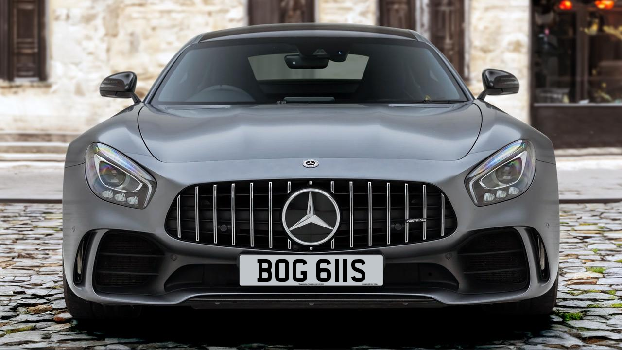 A Mercedes-Benz AMG GTR bearing the registration BOG 611S